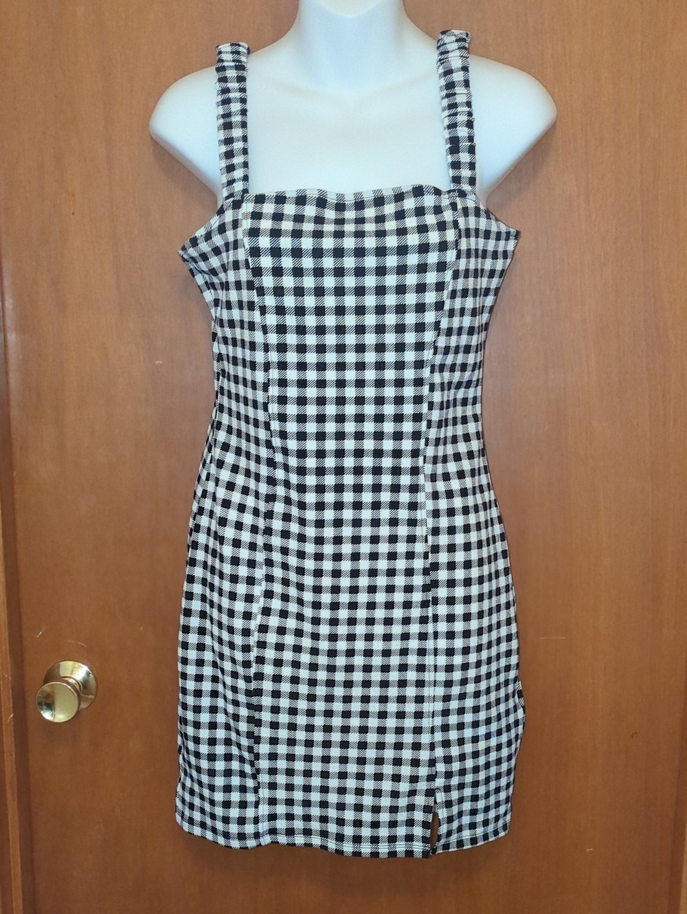 H&M Black and White Gingham Square-Neck Mini Dress